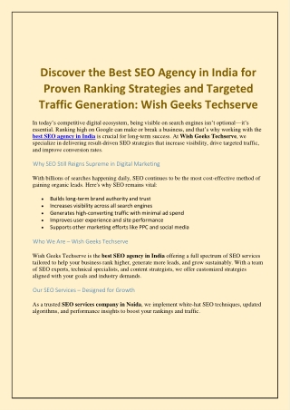 Discover the Best SEO Agency in India for Proven Ranking Strategies: Wish Geeks