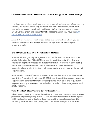 Certified ISO 45001 Lead Auditor: Ensuring Workplace Safety.